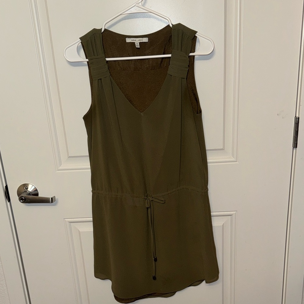 Naked Zebra Olive Green V-Neck Sleeveless Drawstring Dress